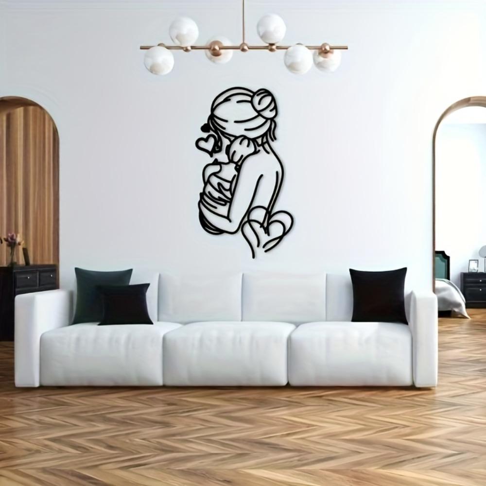 Metal Wall Art Mother and Child 2D Flat Sculpture Family Sign Minimalist Decor for Living Room First Mother's Day Gift for New Mom