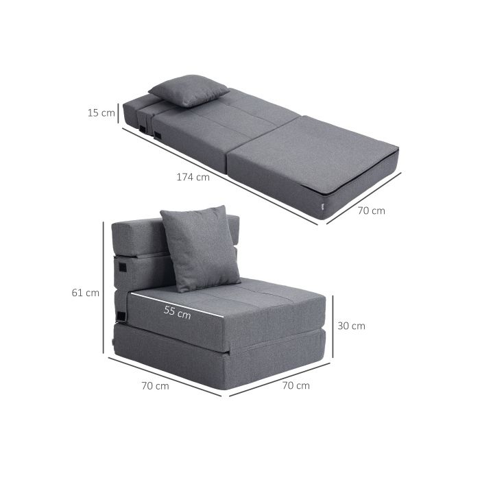 Fauteuil-lit pliant 2 en 1 - HOMCOM - Gris foncé - Charge max. 100 kg - Confort optimal - Design moderne