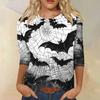Women's Fashion Casual Round Neck 3/4 Sleeve Loose Printed T-Shirt Ladies Top