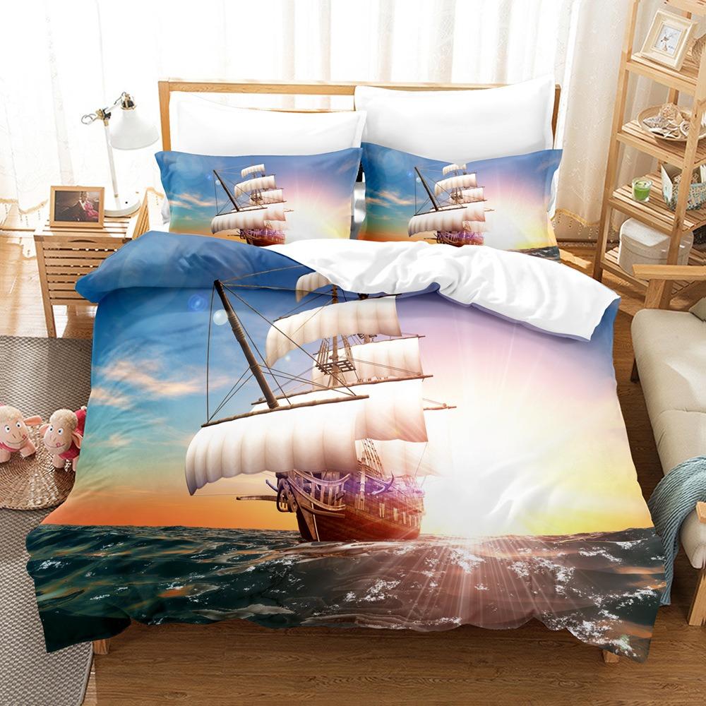 Sailboat Print Duvet Cover and Pillowcase, 2/3Pcs Nautical Bedding Set for Bedroom Decor, Perfect Housewarming Gift