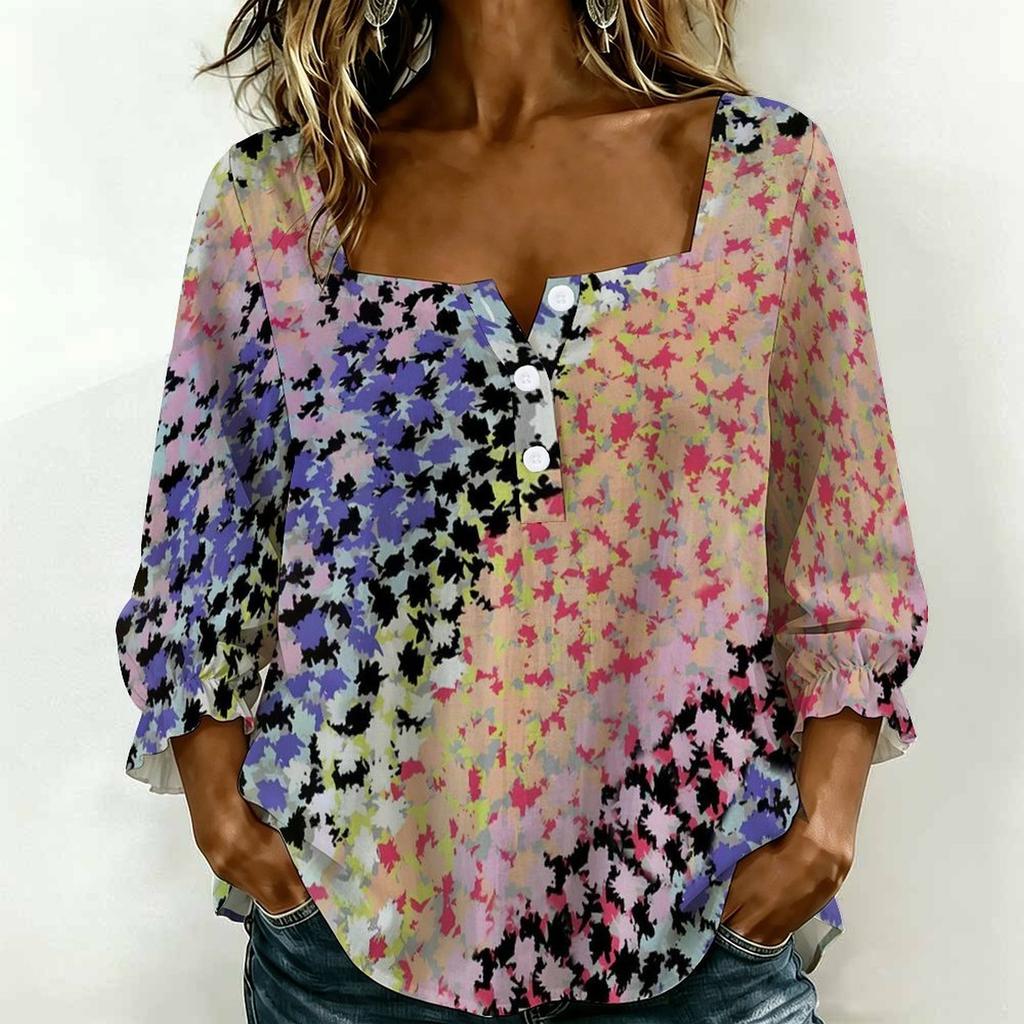 Women Square Neck Blouse White Black Ink Floral Print Ruffle Three Quarter Sleeve Shirt