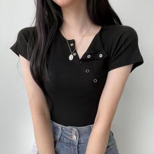 

Нерегулярная футболка женская весенняя с коротким рукавом черный укороченный топ винтажный однотонный универсальный приталенный крой 2XL чёрный