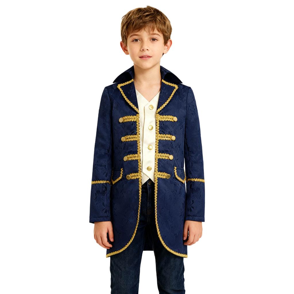 Traje Medieval Vitoriano para Meninos Manga Longa Acabamento Dourado Jaqueta Falsa de Duas Peças Casaco Steampunk Gótico