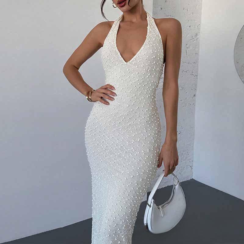 Rochie de vară elegantă cu temperament de modă europeană și americană, cu gât în V, fără spate, cu gât halter, pentru femei