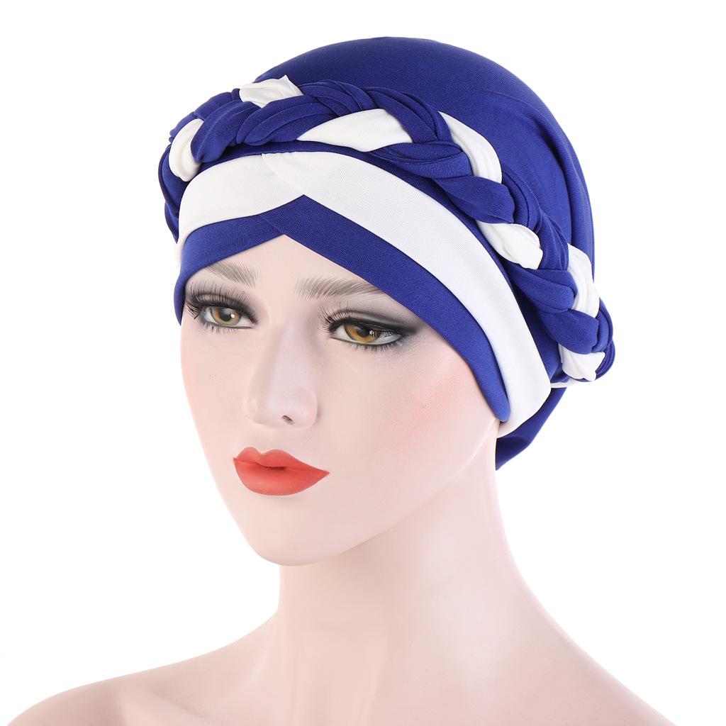 Two-Tone Patchwork Milk Silk Bandana Hat with Short Braid and Hidden Hair Wrap for Muslims