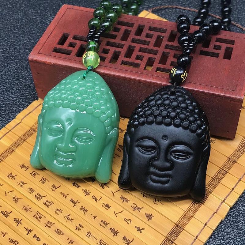 Buddha Head Tathagata Imitation Obsidian Necklace Green Buddha Head Necklace
