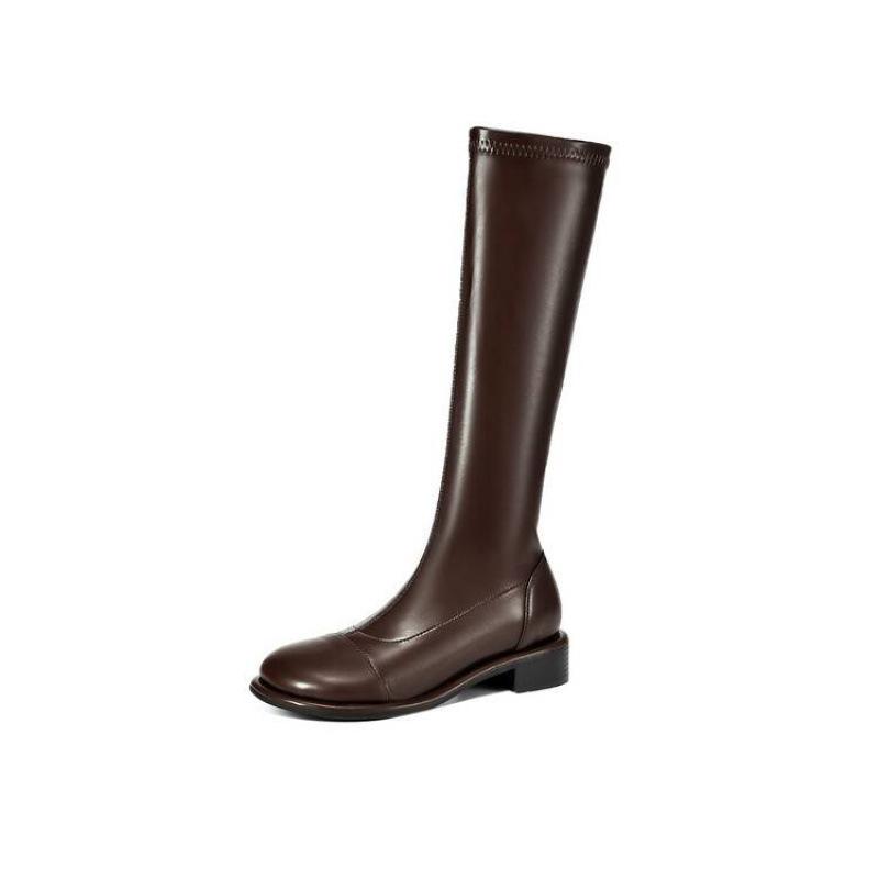 Autumn and Winter Women's Side Zipper High Boots Rubber Sole Middle Heel Round Head Korean Version Square Heel Leather Boots New Martin Boots Women