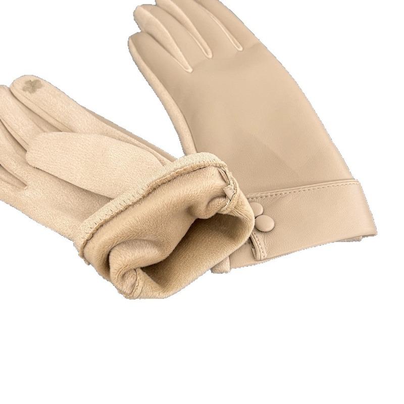 New leather gloves winter women's velvet thickened warm windproof cold outdoor riding driving five fingers