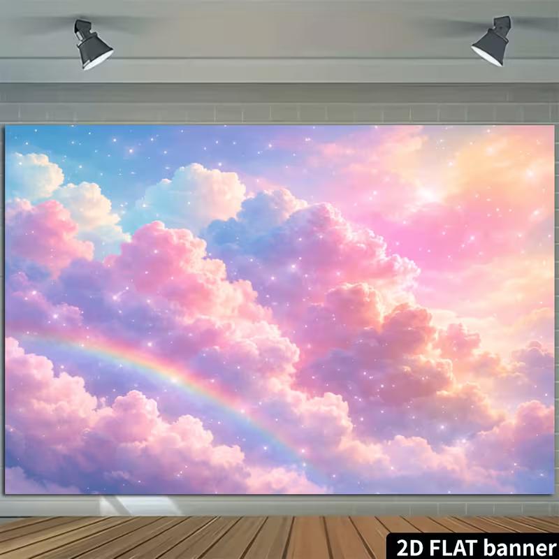 Sfondo Decorazione Festa Nuvola Arcobaleno Scintillante 2D, Sfondo Azzurro Rosa Pastello per Eventi