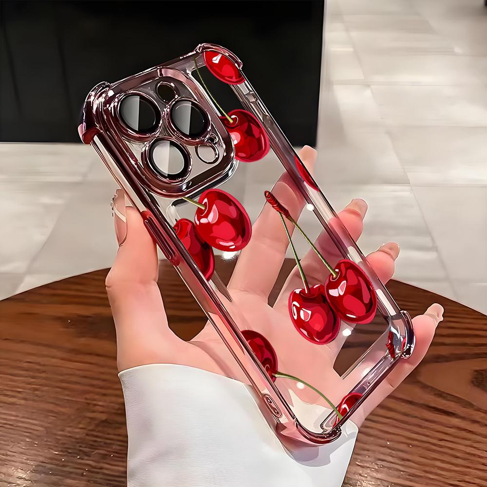 Fashion Cherry Pattern Electroplated AntiDrop Clear Phone Case For Samsung Galaxy S25 Ultra S24 S23 S22 S21 Plus FE Clear Cover