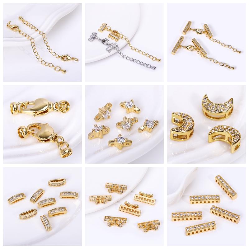 18K Gold Plated Lobster Clasps Extender Chain With Cuboid Separator Spacer Bars,Inlaid Zircon DIY Bracelet Hooks Clasp Findings
