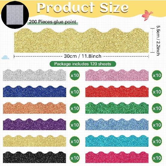 Geyee 120 Pieces Glitter Bulletin Board Border Scalloped Border Trim Shiny Bulletin Poster Decoration Colorful Glitter Paper for School Classroom