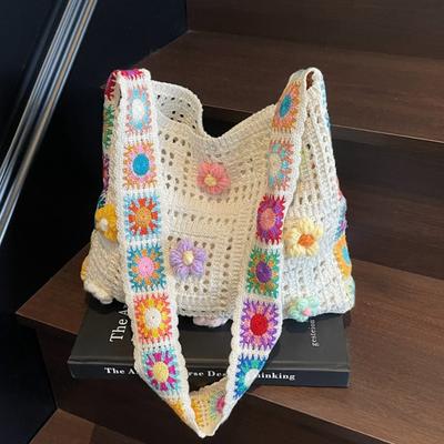 Bolso Crochet Boho para Mujer Flores de Diseñador Bolsos Tejidos Gran Capacidad Verano Playa Bolso de Hombro Tejido Niñas Bolso Tote Shopper