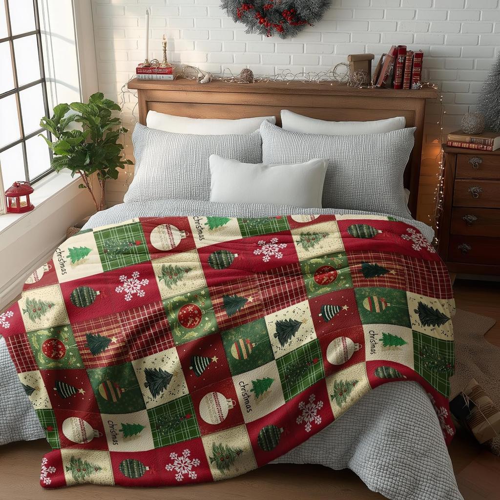 Christmas Flannel Blanket Throw Red Green Checkered Tree Blankets for Couch Sofa Bed Lounging Gifts for Kids Adults Wife Self