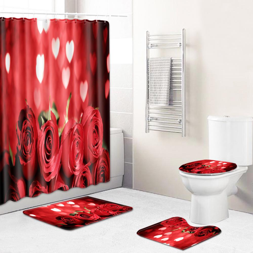 Love Valentine'S Day Shower Curtain Floor Mat Four-Piece Set Bathroom Non-Slip Door Mat Bedroom Carpet