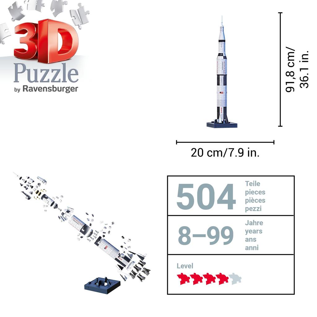 Ravensburger 3D Apollo 11 Saturn V 440 Fertig 11545 Alter 3D Geschenk Puzzle, Rakete, Teile, Größe 98,1 cm hoch, 7, 8+ [Puzzle, Puzzle,