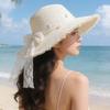Damen Sommer Strohhut mit breiter Krempe, Spitzen-Schleife und fließenden Bändern: Sonnenhut für Ausflüge und den Strand