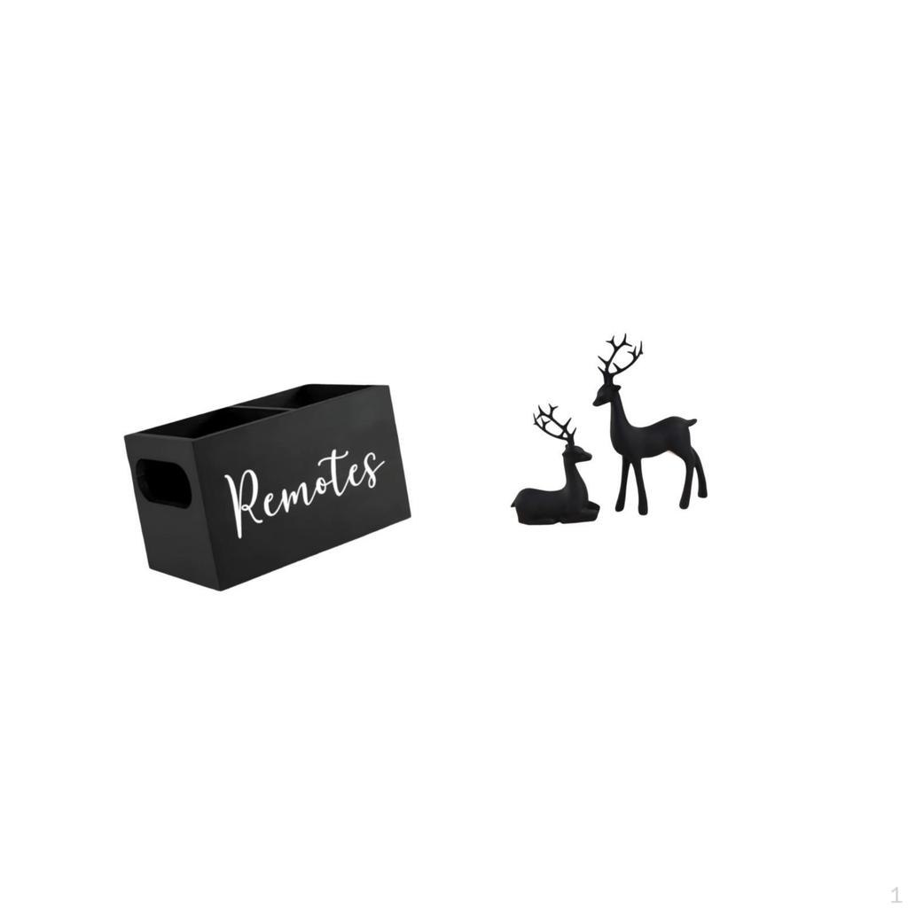 Retro Wooden Remote Holder And Black Deer Resin Figurine Set for Tabletop Organization Nightstand