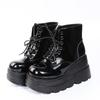Women Boots High Topthick Sole Winter Slope Heel Lace Up Ankle Boots Women Shoes Bright Black Light Bling Black Chaussure Femme