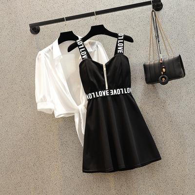 Women's Summer Suit  Oversize Black Tank Dress Female Fashion Sun-Proof Shirts Letter Print Zipper Fly Overall Dress Two-Piece Set