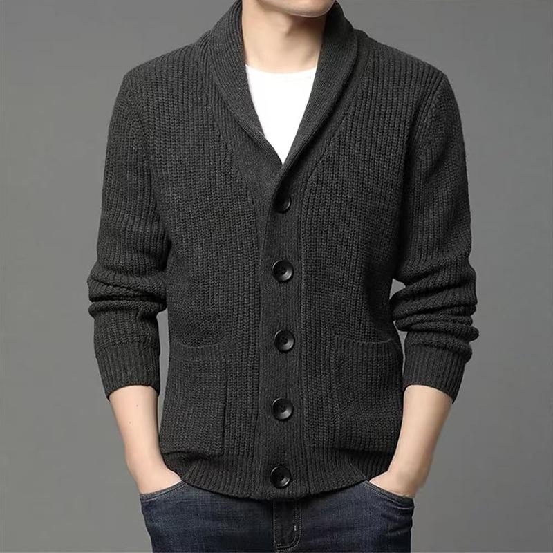 Autumn Winter Men's Thickened Button Cardigan Wool Sweater Green Fruit Collar Sweater Jacket V-neck Solid Color Casual Knitted Sweater