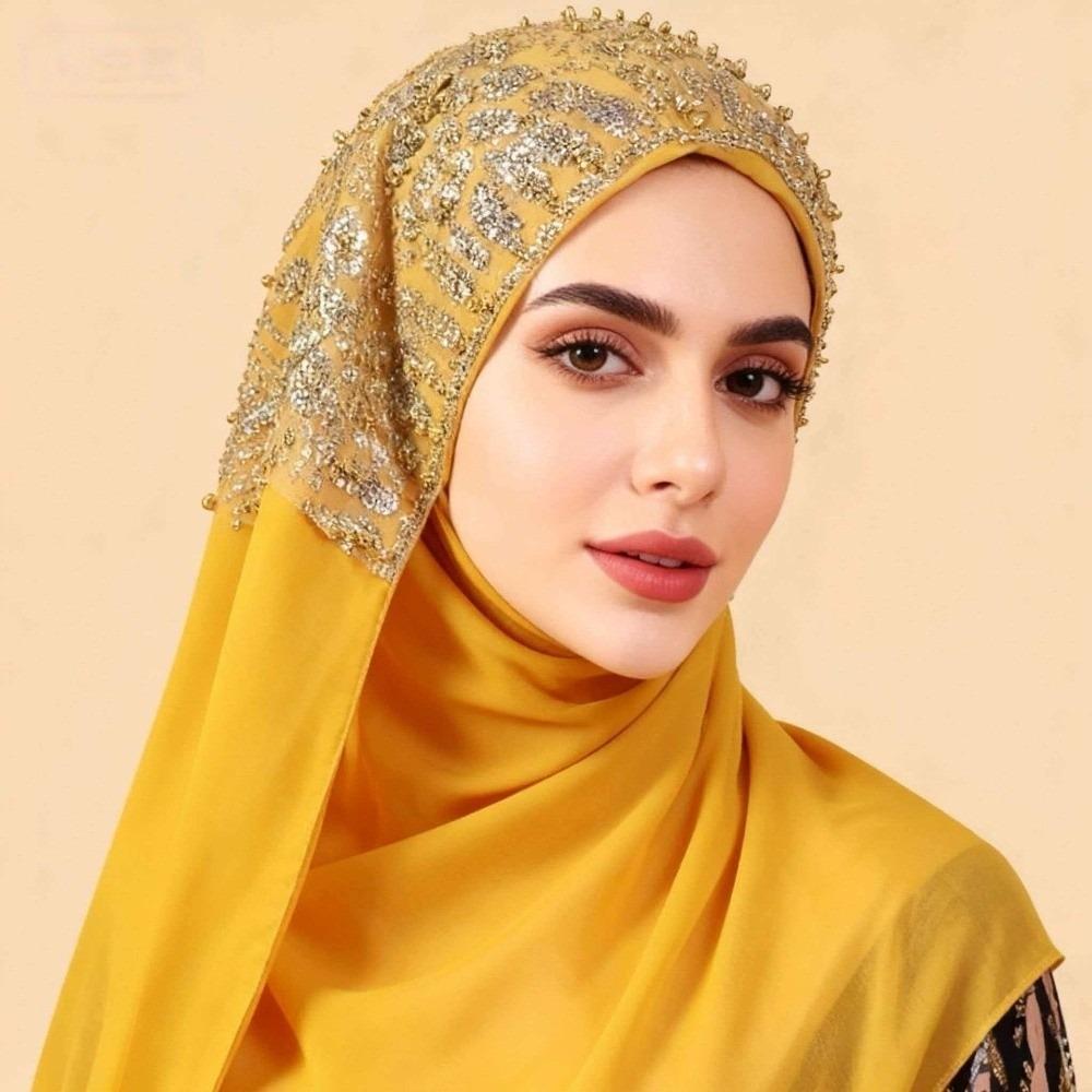 Long Islamic Turban Silk Women Headscarf Fashion Sequin Wraps Shawl Female
