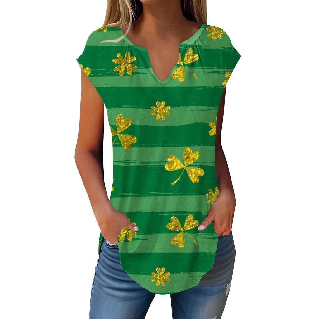 T-skjorter med sommerhette for kvinner Trendy Løs Uformell Dressy V-hals Plisserte tunikaer Tank-tops