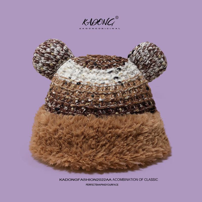 2025 Cute Bear Wool Hat Plush Warm Big Head Circumference Knitted Hat Headgear Season