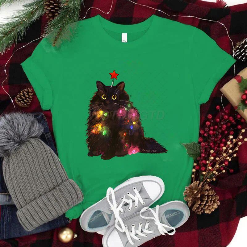 Women Tshirts Christmas Lights Cat Kawaii Cartoon Tops Tees Cute Animal Lover Funny T Shirts Girl Black Cat Fashion Casual Tops