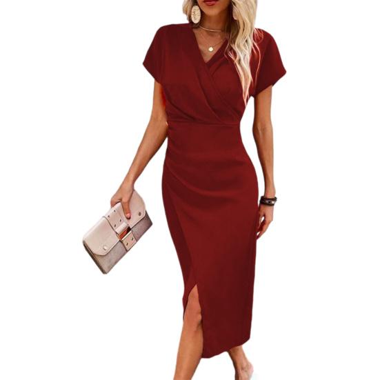 Women's Bodycon Midi Dress Short Sleeve V Neck Ruched Cocktail Party Dress Formal Slit Office Work Business Outfit