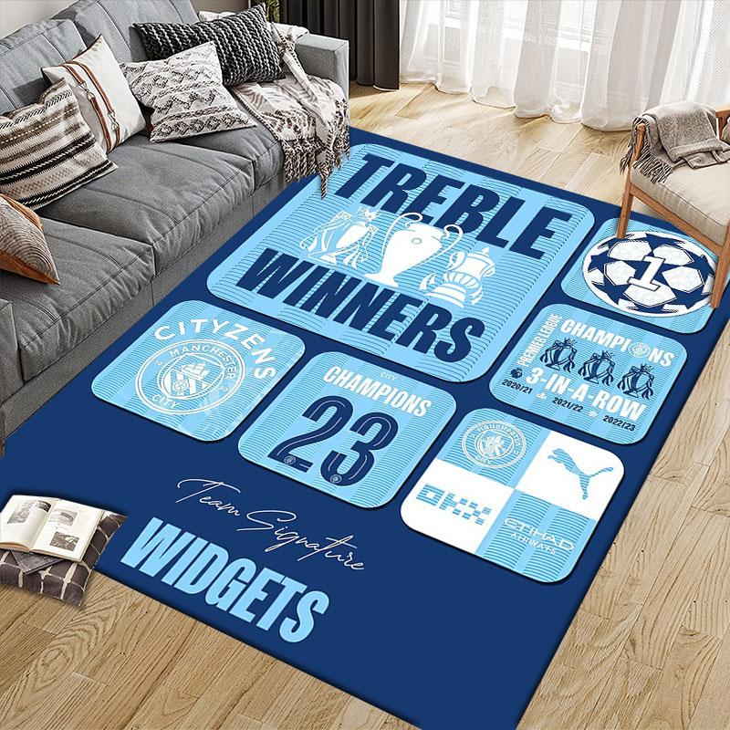 Manchester City Flannel Printed Carpet, Home Sofa Decoration for Living Room & Bedroom, Non‑Slip Play Flannel Floor Mat for Game Room