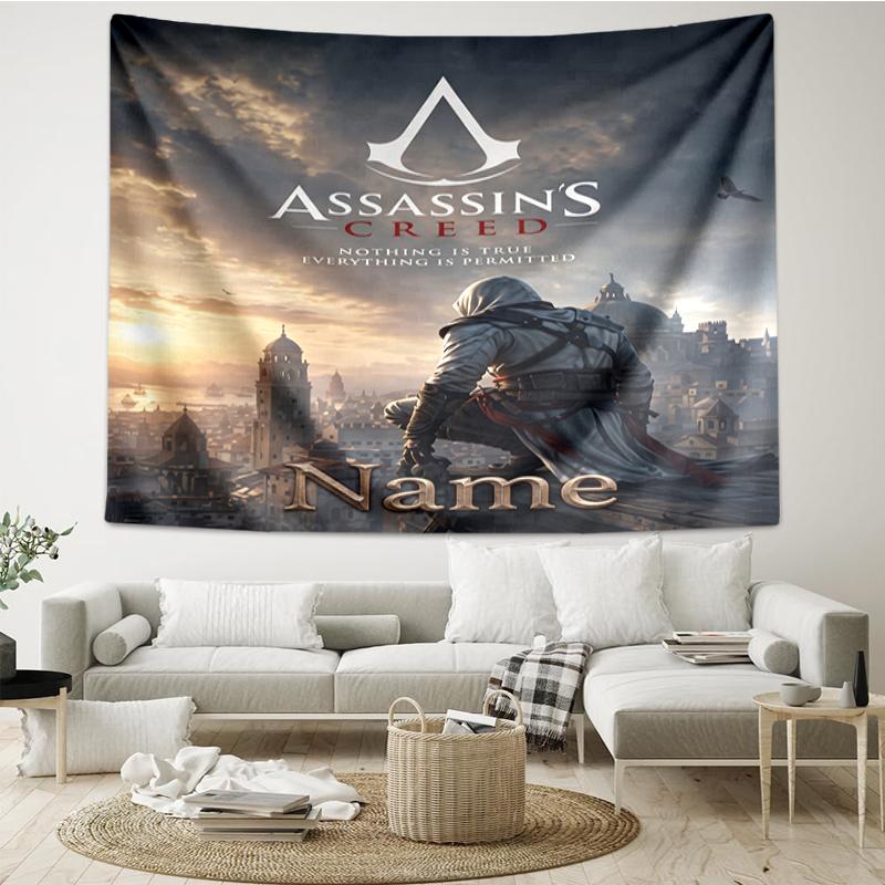 Custom Name Assassin's Creed Print Tapestry, Backdrop, Easy Setup, Ideal for Bedroom, Office & Living Room, with Aesthetic Wall Hanging Decor.