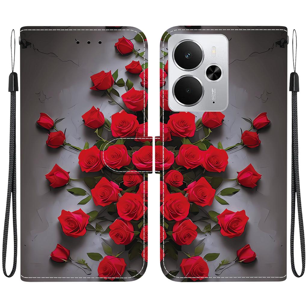 Ręcznie robione etui z klapką z PU skóry dla Realme 14, antypoślizgowe, wstrząsoodporne etui z paskiem na nadgarstek i wzorami serca/róży/kota