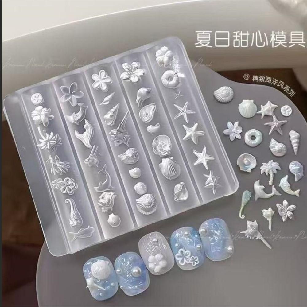 3D Summer Beach Ocean Charms Nail Silicone Mold Dolphin Shell Conch Starfish Coconut Tree Flower Templates Mold Nails Mold Tools