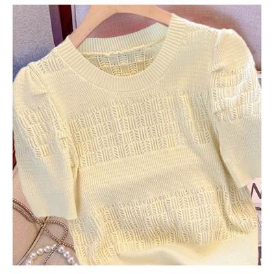 Womens Solid Color Round Neck Hollow Knit Puff Sleeve Top