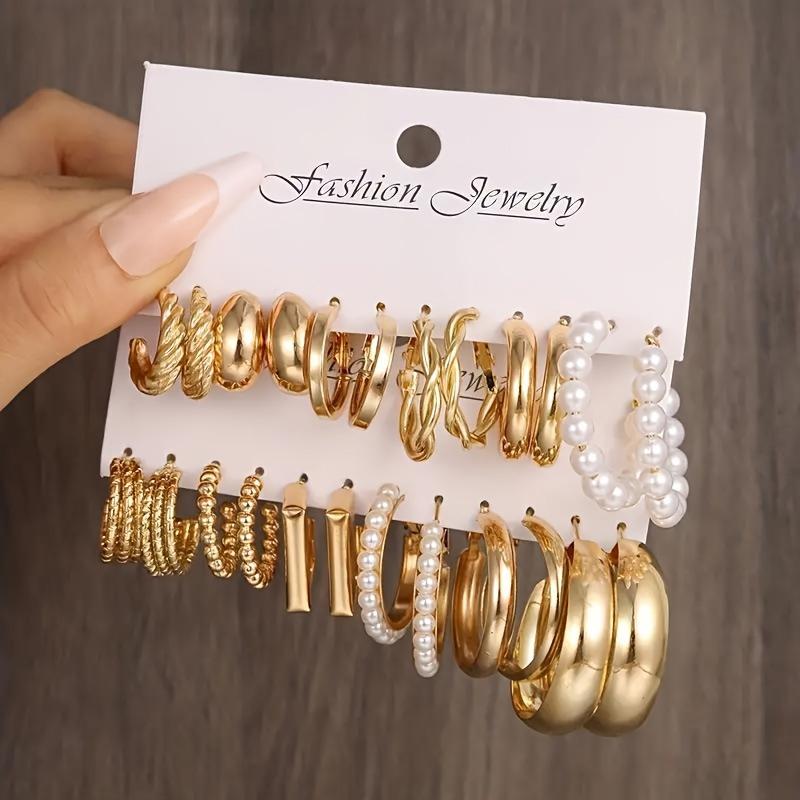 European and American popular metal creative exaggerated pearl earrings pearl twist atmospheric earrings set 11 pairs