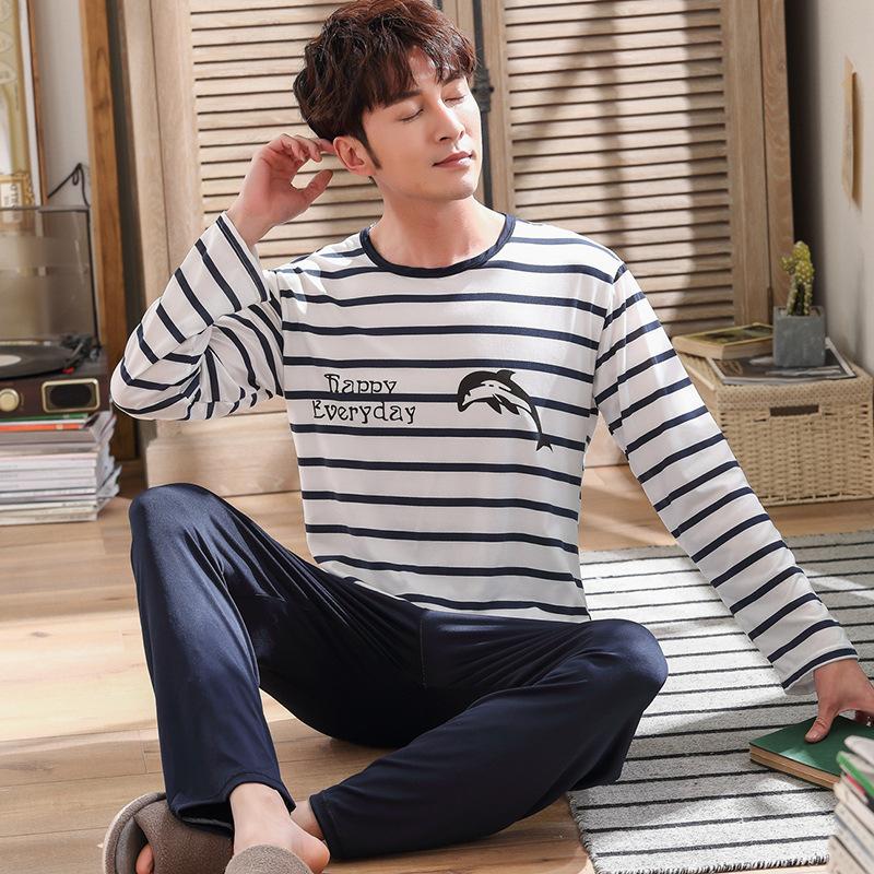 Spring and Autumn Long-Sleeved Long Pants Men's Pajamas Homewear Loose Casual Striped Nightwear Large Size Sleepwear Loungewear