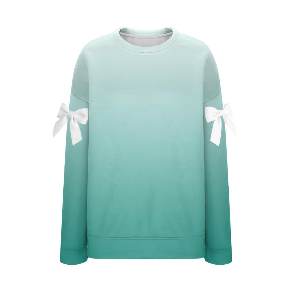 Women's Graduated Print Bow Round Neck Long Sleeve Loose Pullover Sweatshirt T-Shirt