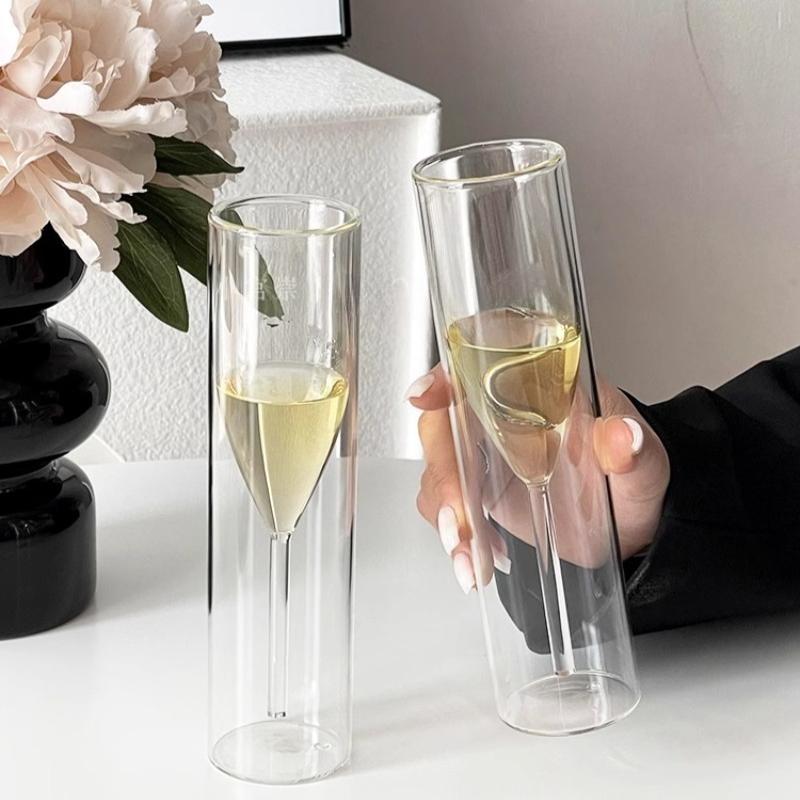 Double Wall Champagne Glasses - Elegant Crystal-Design Tulip & Flute Cups for Weddings, Cocktails & Toast, Shatter-Resistant