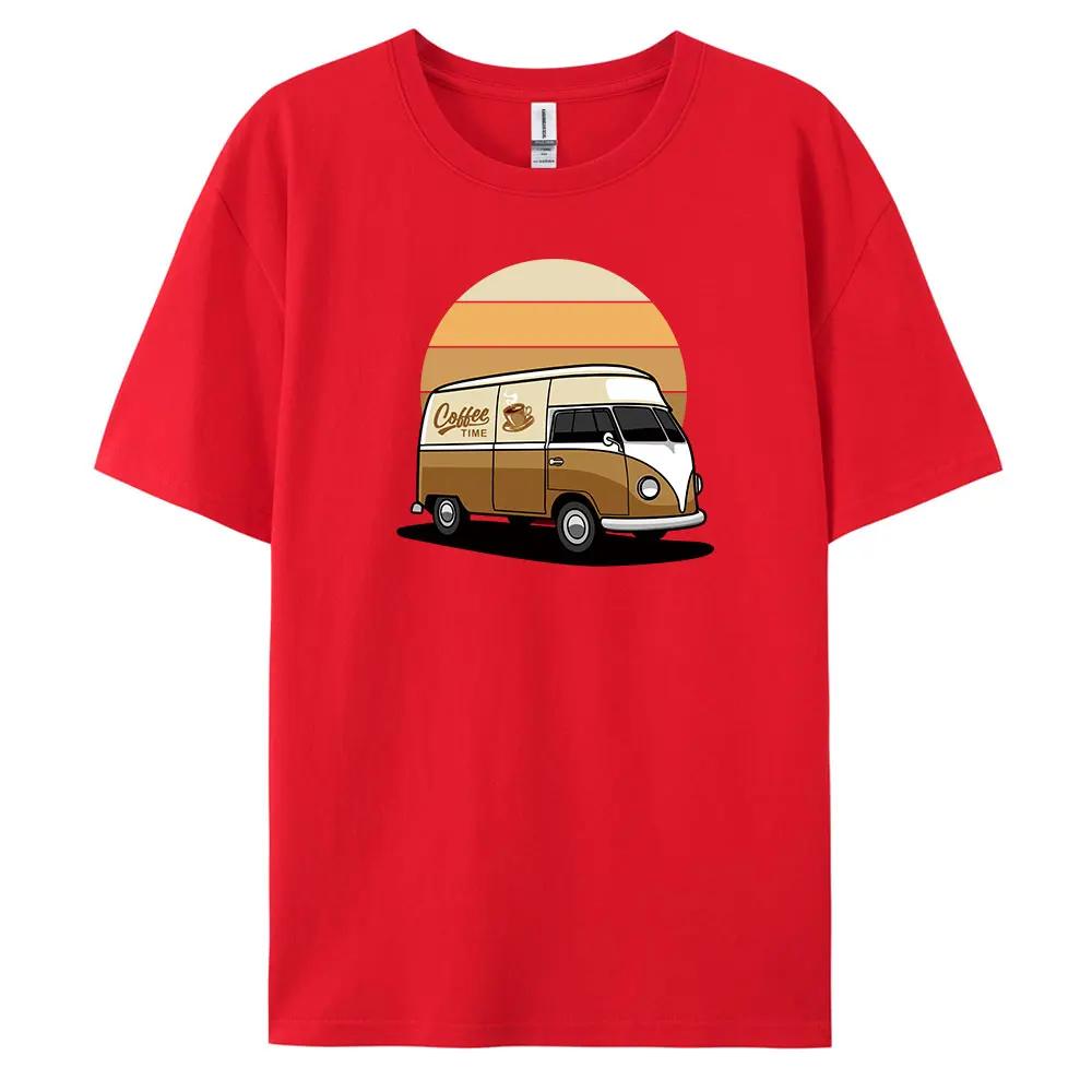 Men's Coffee Bus Pattern Printed 100% Cotton Casual Short-sleeved T-shirt, Street Trend High-quality Top