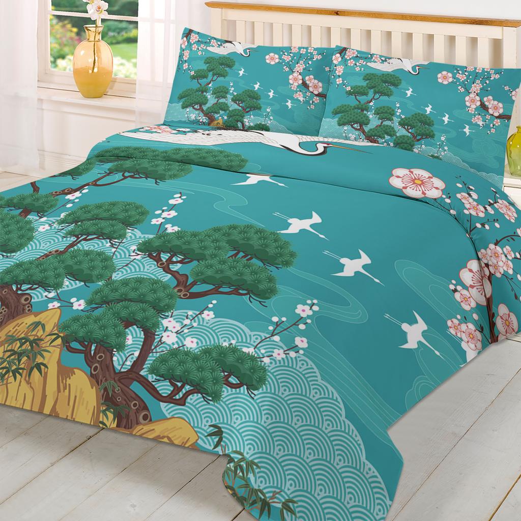 Japanischer Stil Kran Kirschblüte Vintage 3-teiliges Bettwäscheset für Doppelbett Heimtextilien Bettbezug Steppdeckenbezug Kissenbezug