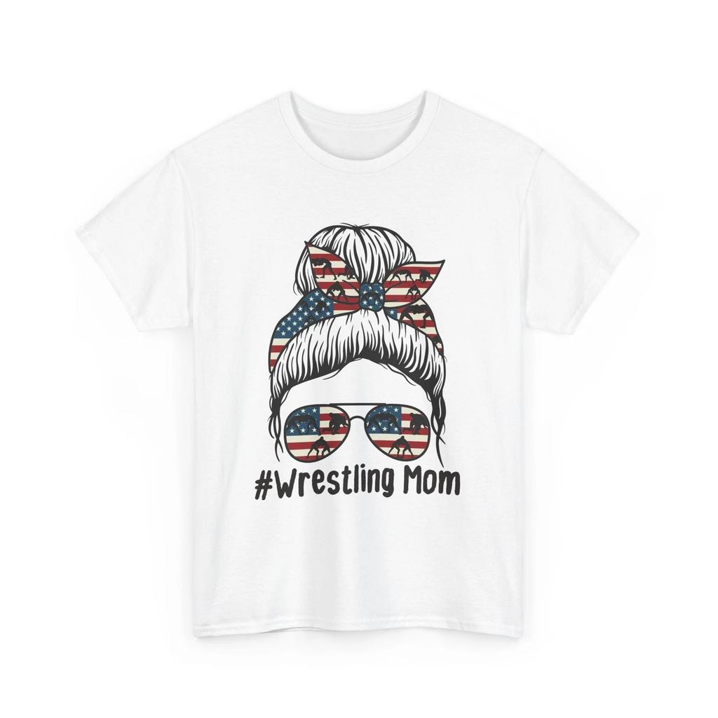 Wrestling Mom Shirt, American Flag Messy Bun Wrestling Women Mom T-shirt