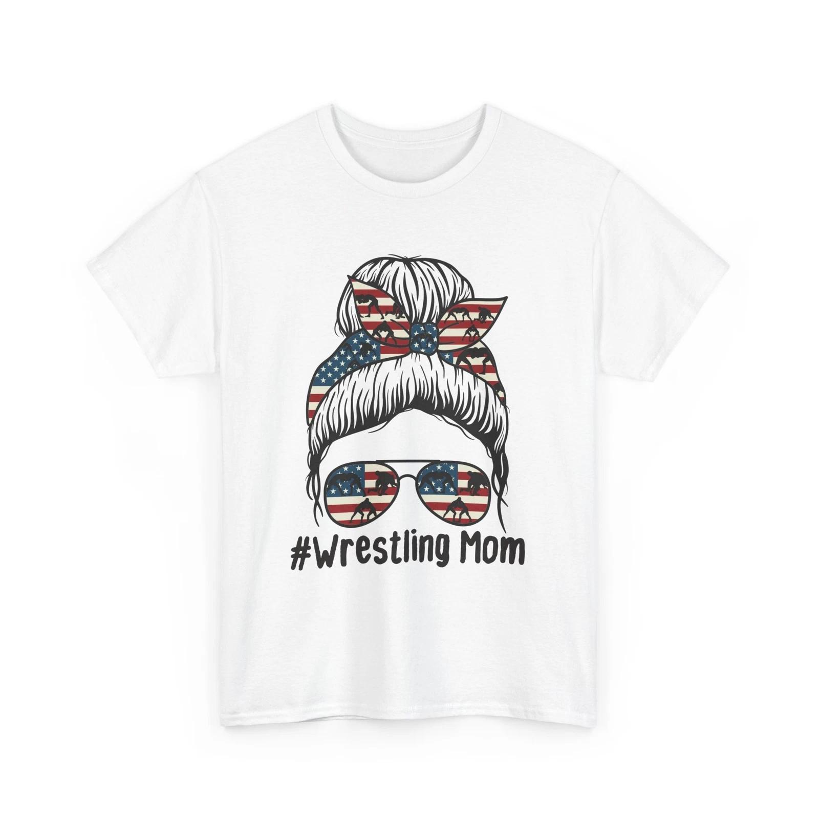 Wrestling Mom Shirt, American Flag Messy Bun Wrestling Women Mom T-shirt S