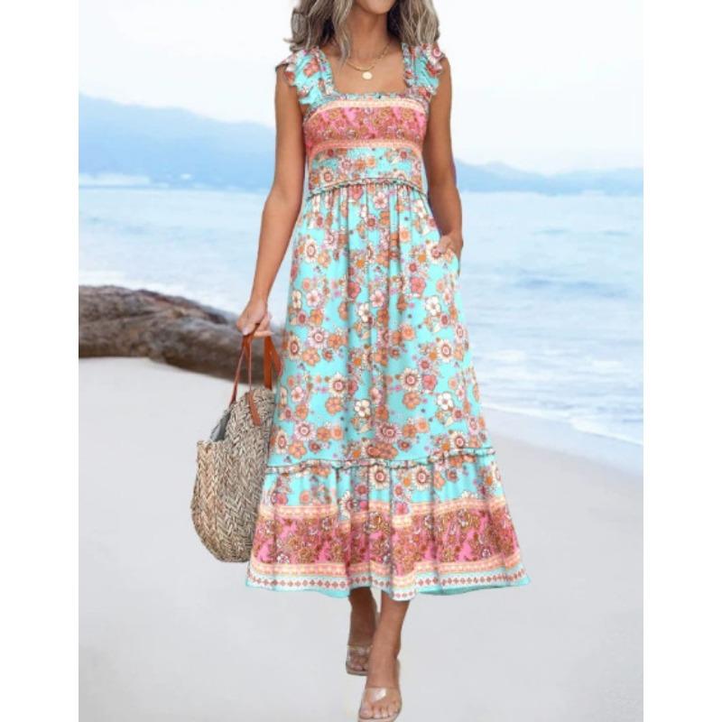 Sommer neues bedrucktes Neckholderkleid und Strandlanges Kleid