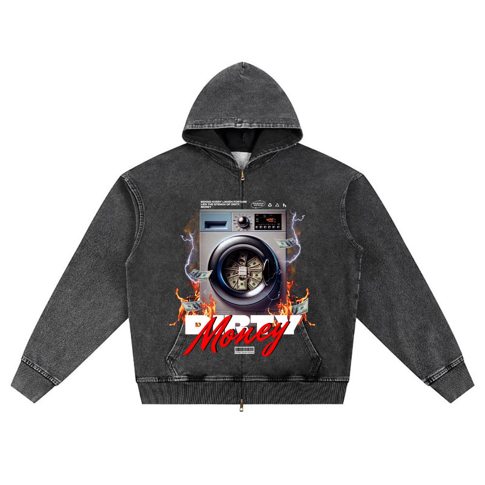 DTG Print Knitted Denim Zip-Up Hoodie Dirty Money Brother Print Zipper Hoodies