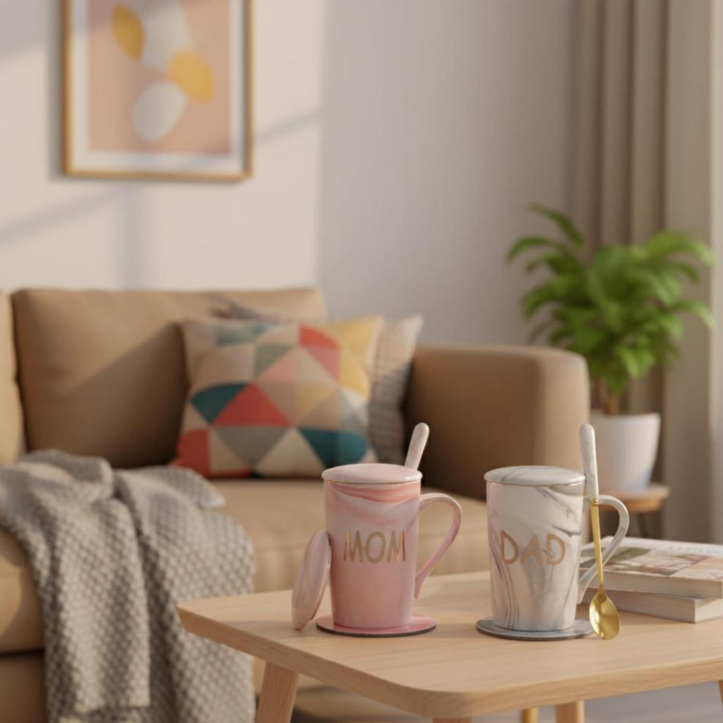 Cană de cafea, Cadouri de căsătorie pentru nuntă, Cadou pentru cuplu, Cadouri de Crăciun, Set de 2 căni de cafea pentru Mamă și Tată, Capace, Lingurițe ceramice, Coșuri