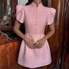 2026 Summer Stand Collar Puff Sleeve High Waist Dress for Women – Trendy European & American Style