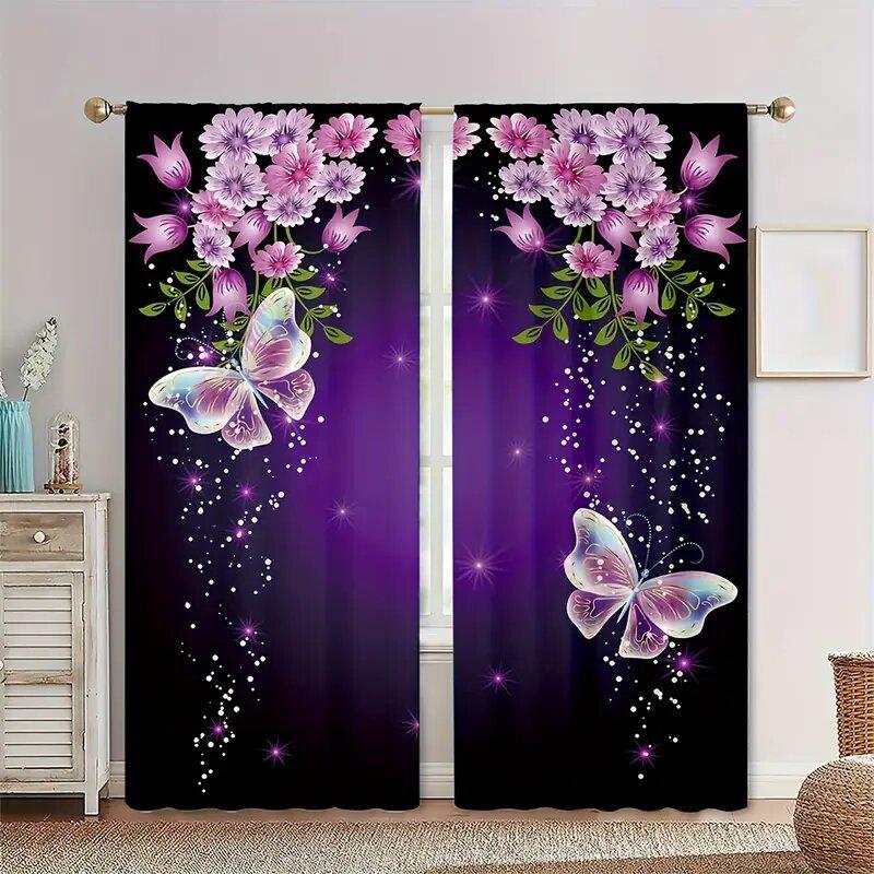 

2 pieces of Purple butterfly flowers printed curtains pole bag curtains 42*84 home decoration room decoration 100*130 Grommet Top 1pcs