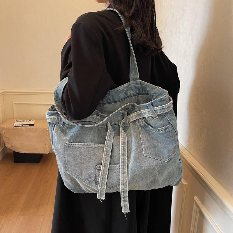 Vintage Shoulder Bag Women's Denim Tote Bag Large Capacity Student Class Bag
