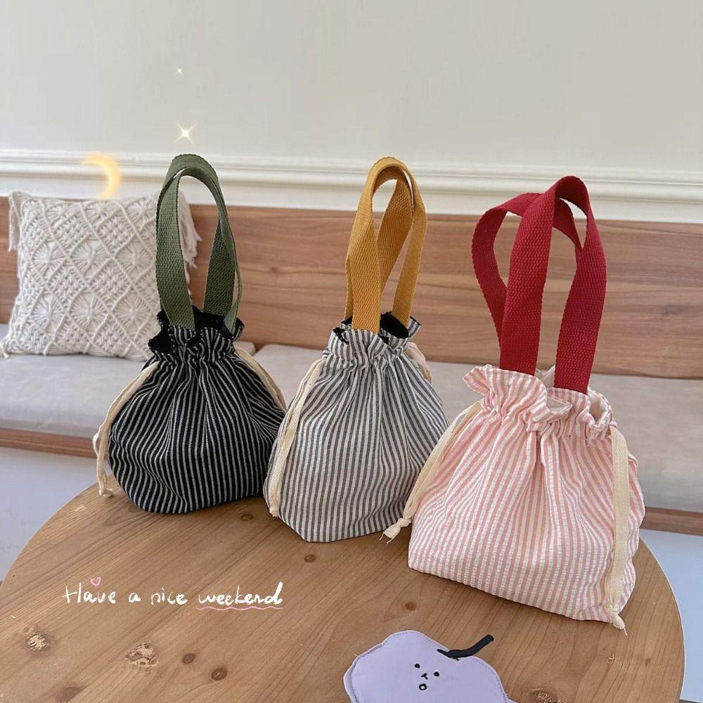 Stripes Drawstring Organizer Bag Top Handle Handheld Coin Purse Cosmetic Storage Pouch  Picnic
